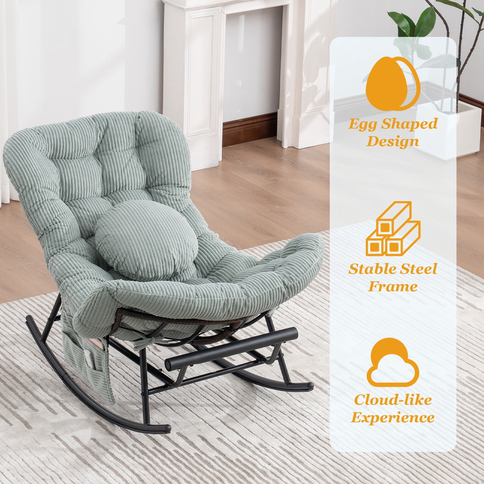 MOONMISS Outdoor Rocking Chair with Footrest, Indoor Oversized Comfort Reading Chair Cover with Cushion, Patio Rocking Chair Lounger, Mint Green