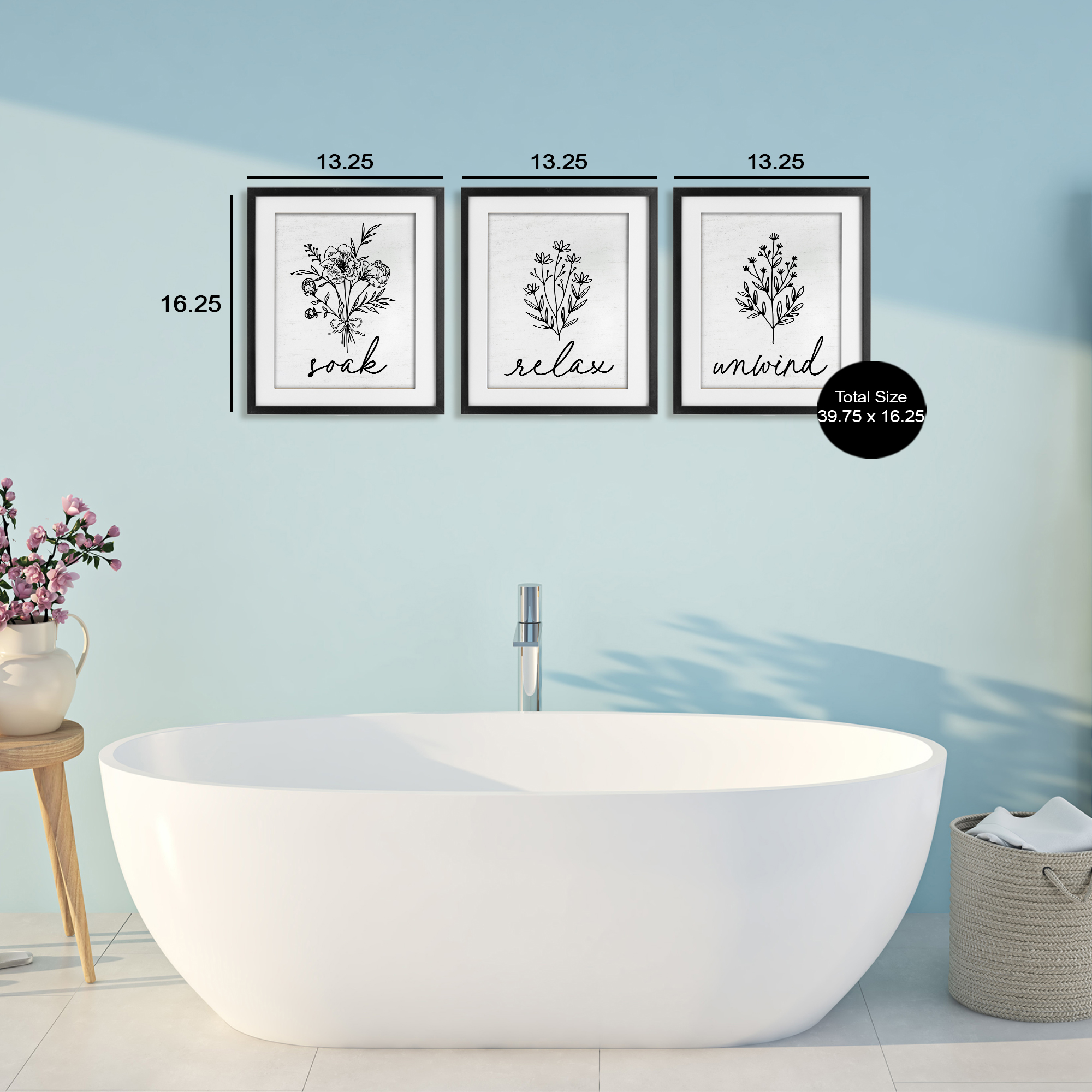 Bathroom Herbs for Relaxation 3 Piece Black Framed Print Under Glass Set, design by Lettered and Lined