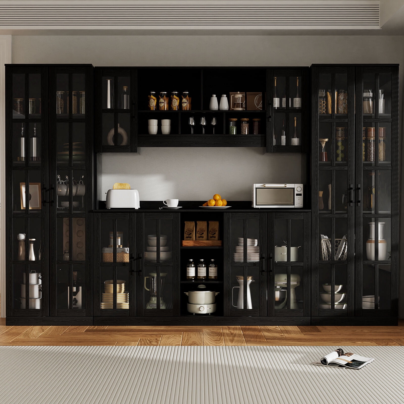 RichYa 71"H Tall Pantry Cabinet,Storage Cabinet with 2 Glass Doors and Shelves,5 Tier Display Cabinets for Living Room,Dining Room,Black(A)