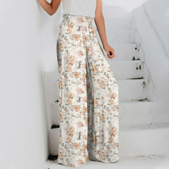 Lilgiuy Fashion Womens Casual Cotton Print Pants Straight Wide Leg Trousers Pants All Around Tummy Control Pants