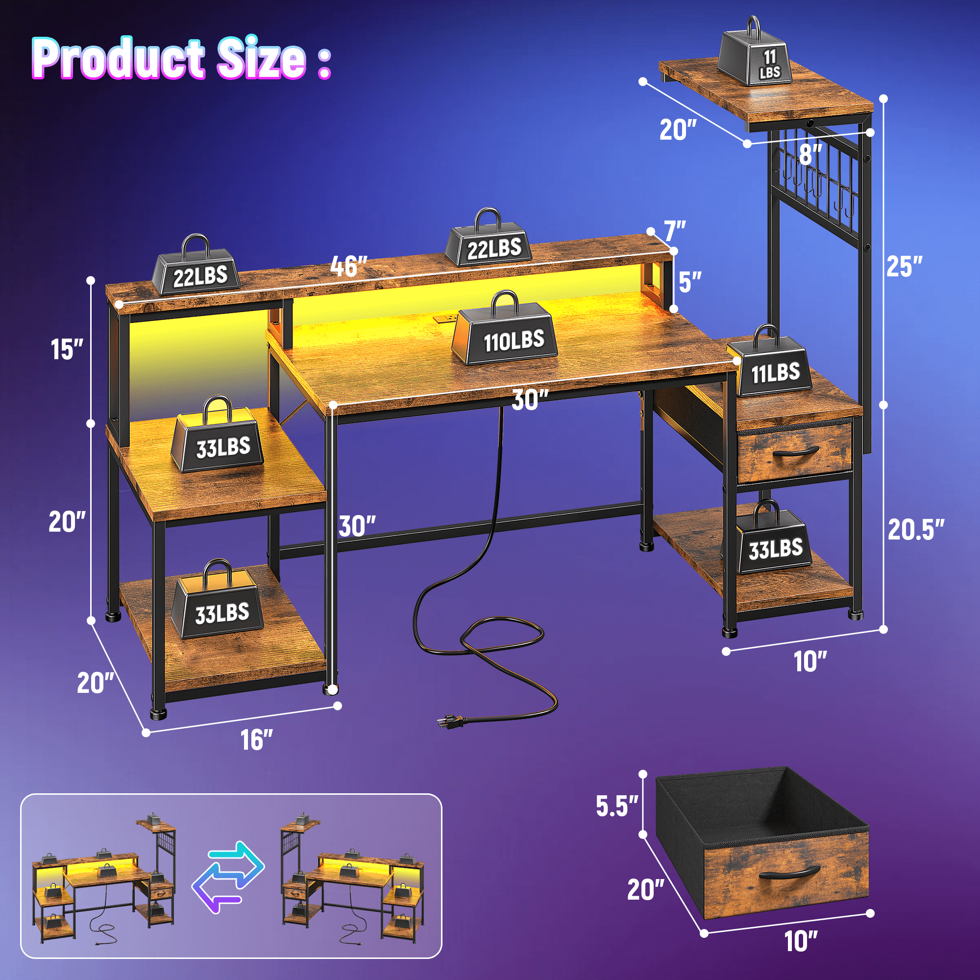 Romorgniz 55"W Gaming Desk Computer Desk with Hutch Corner Desk with LED Lights， Outlets & Monitor Stand for Gaming,Studying,Home Office Desks,Rustic Brown