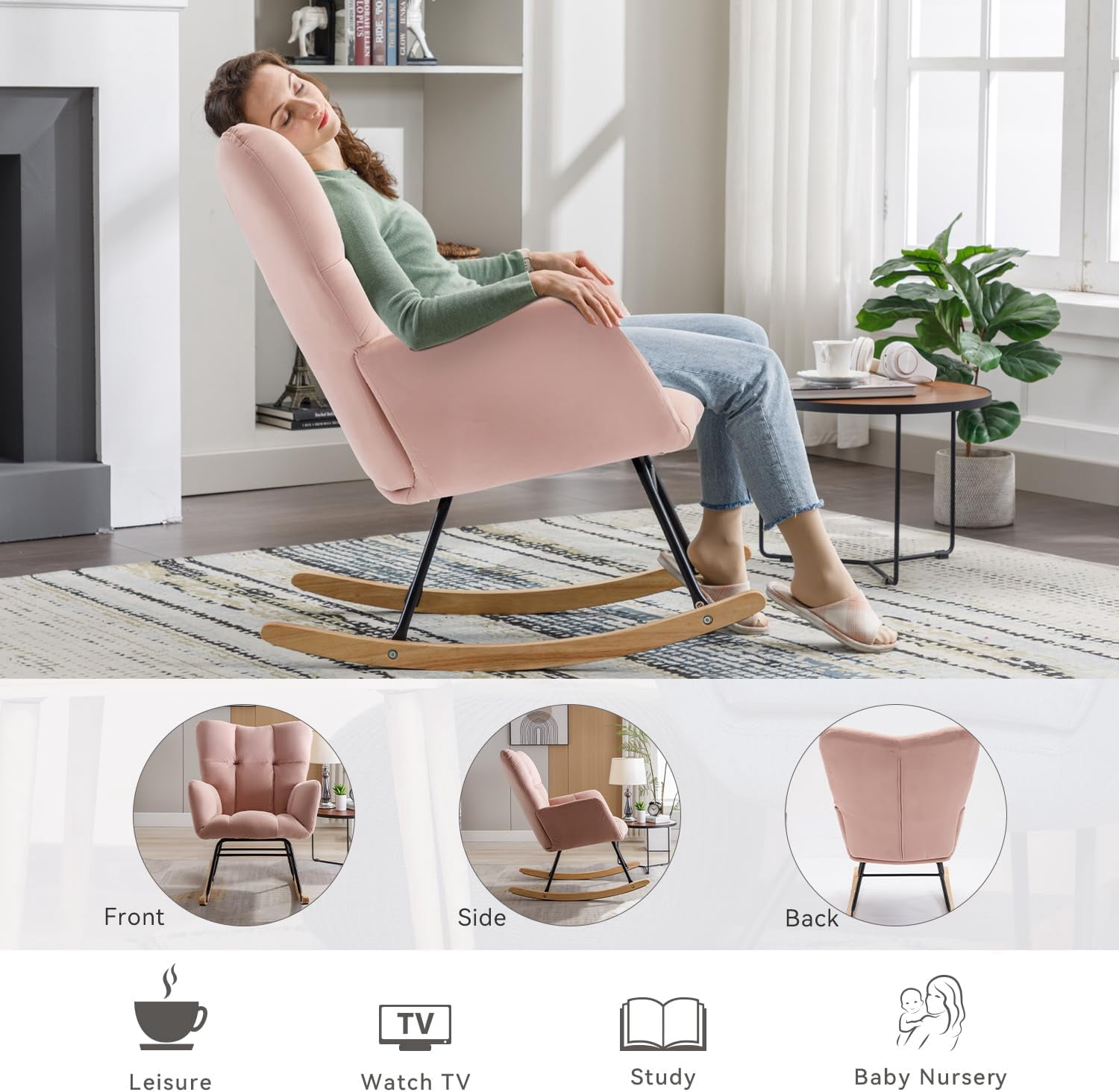 Rocking Chair Nursery Teddy Upholstered Glider Rocker High Backrest Nursery Rocker Comfortable Stylish Accent Armchair for Living Rooms Bedrooms Offices
