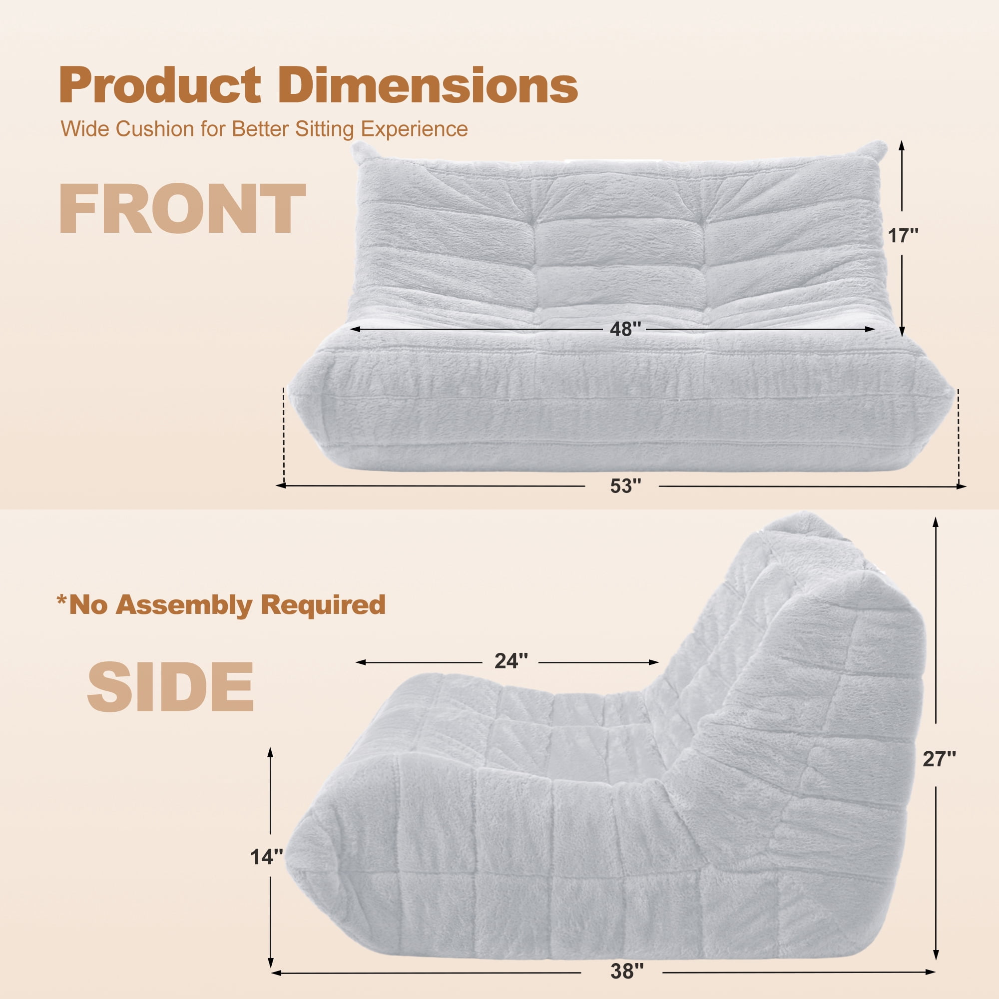 HARIPUL Bean Bag Loveseat Chair, Memory Foam Filled Plush Sofa Beanbag for Adults, Lounge Chair for Home or Gaming Room, LightGrey Plush