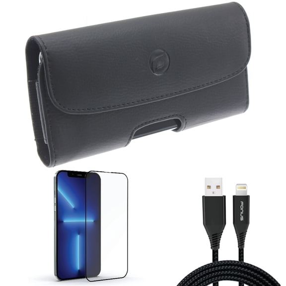 Screen Protector & Case Belt Clip & 10ft USB Cable for iPhone 13 Pro Max ONLY - Anti-Glare Tempered Glass Matte   Leather Holster Cover   Charger Cord Power Wire Combo