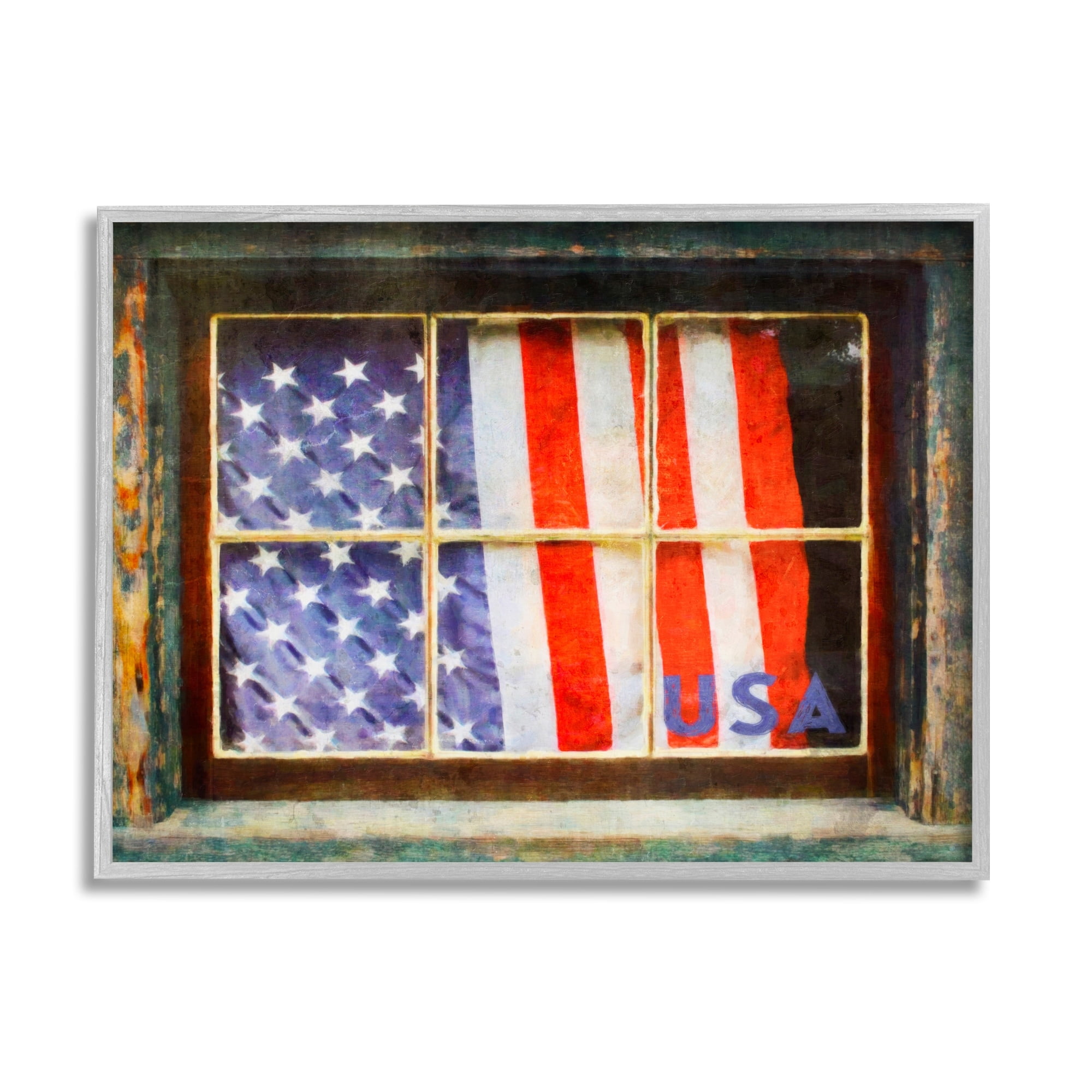 Stupell Industries Patriotic American Flag Rustic Window Festive Home Painting Gray Framed Art Print Wall Art, Design by Graffitee Studios