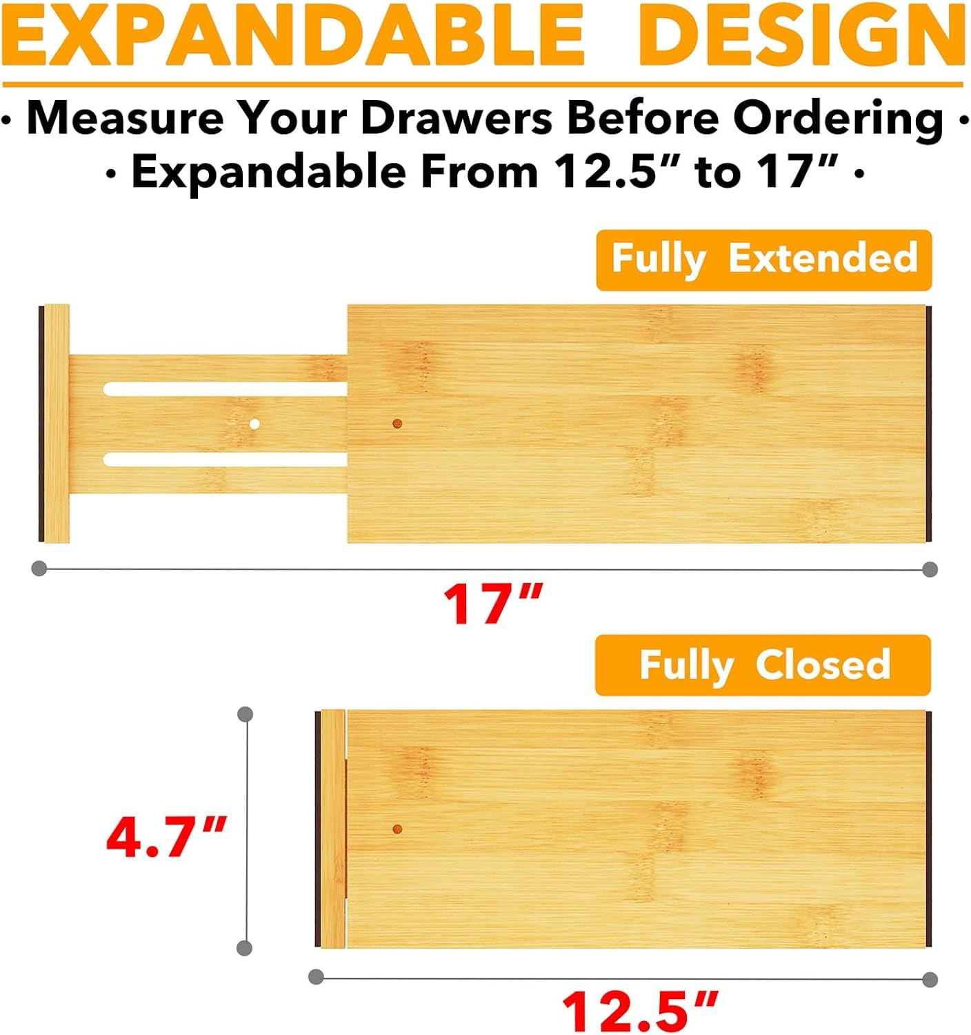SpaceAid Bamboo Dresser Drawer Dividers 6 Pack, 4.65“ High Adjustable 12.5“-17” Drawer Organizers for Clothing