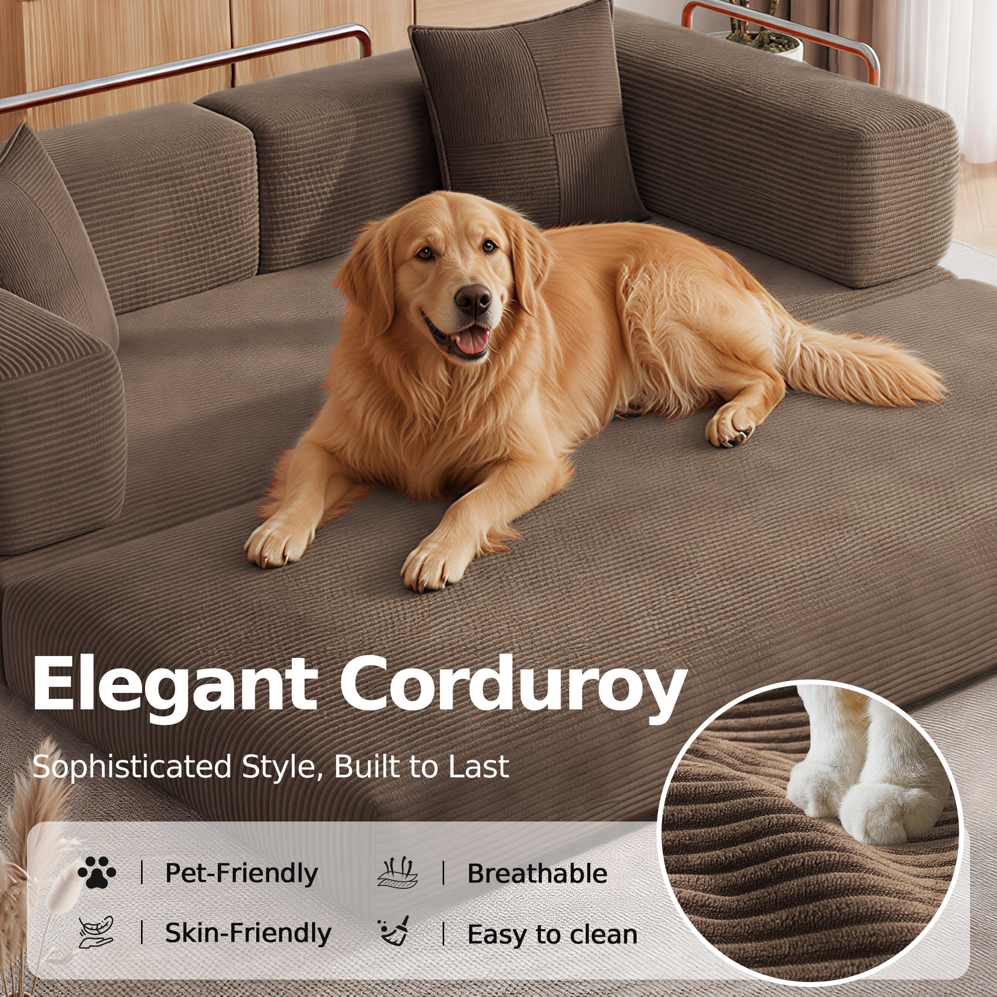 DILORA Convertible Sleeper Sofa Bed,Compressed Floor Boneless Couch,Modular Modern Corduroy Sofa for Living Room Bedroom,Easy Assembly(Brown)78.8''