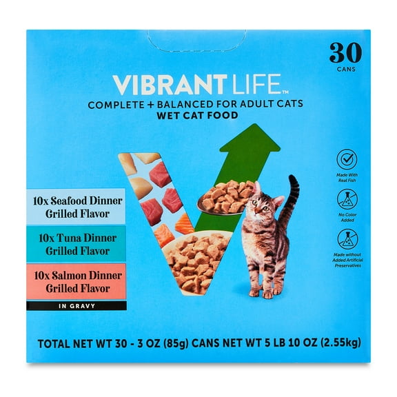 Vibrant Life Variety Pack Grilled Flavor in Gravy Wet Cat Food, 3 oz Cans, 30 Count