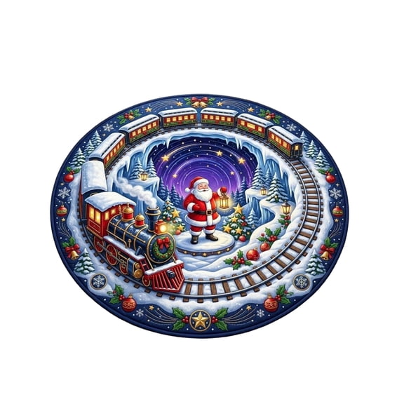 Christmas 3D Optical Illusion Rug, Christmas Santa Train Track Round Area Rug, Indoor Christmas Decor