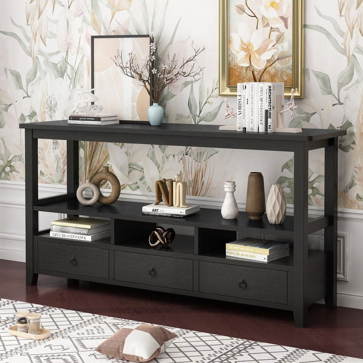 Vintage Black Console Table, 57.9" Sofa Table with 4 Drawers & Open Shelf, 200lb Capacity for Entryway, Living Room Behind Couch, Bedroom