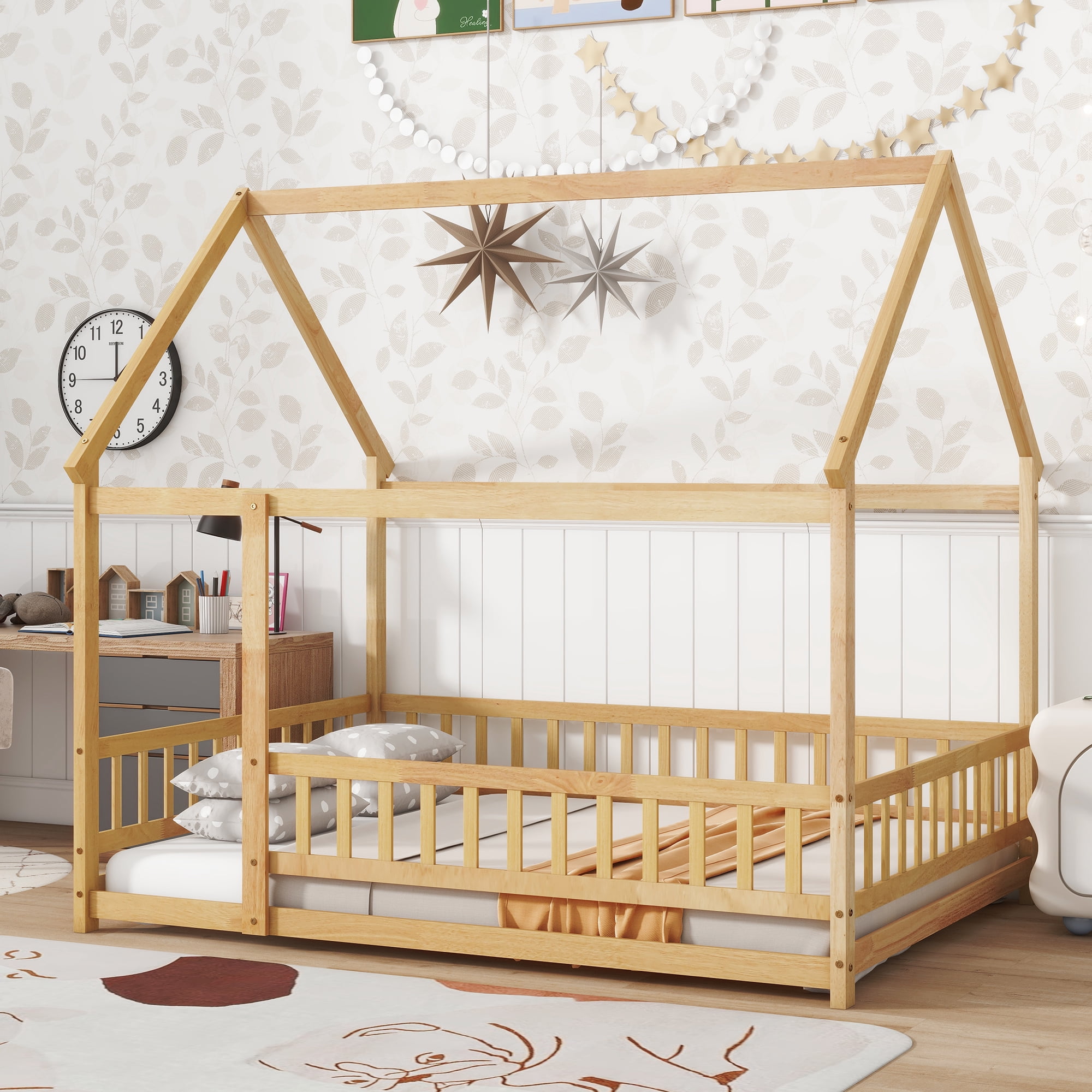 Sailvan Full Size House Floor Wooden Bed with Roof Frame, Safety Guardrails