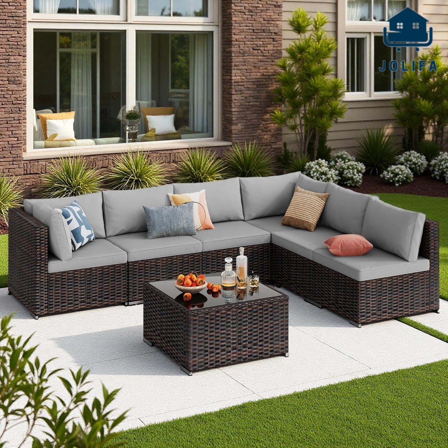 Jolifa 7 Piece Outdoor Patio Furniture Set, Wicker Sectional Sofa with Glass Table & Cushions, All-Weather Conversation Set for Backyard, Balcony, Porch, Gray Review