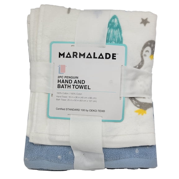 2 Piece Blue Penguin Hand and Bath Towel Set, Cotton, by Marmalade