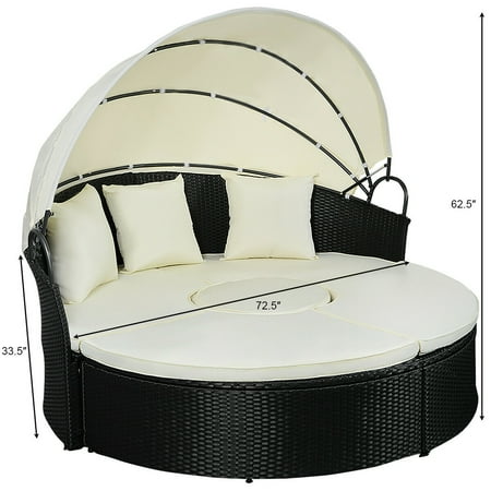 Gymax Rattan Wicker Round Retractable Canopy Daybed Sofa Furniture