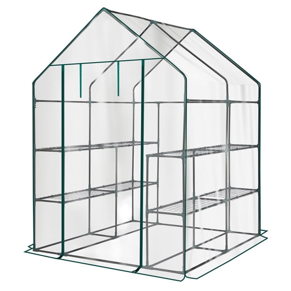 Mini Walk-in Greenhouse with PVC Cover, 8-Shelf Indoor Outdoor Plant Gardening Green House for Garden Backyard, 56" x 56" x 77", Transparent