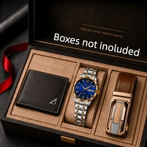 Men's Wallet, Watch, and Belt 3-Piece Set, Black, Blue, Silver, Brown