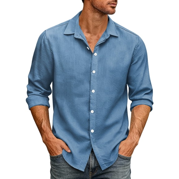 Mens Loose Fit Long Sleeve Shirt Casual Retro Button Down Top for Out Commute Breathable Lightweight Workwear Blue 2XL