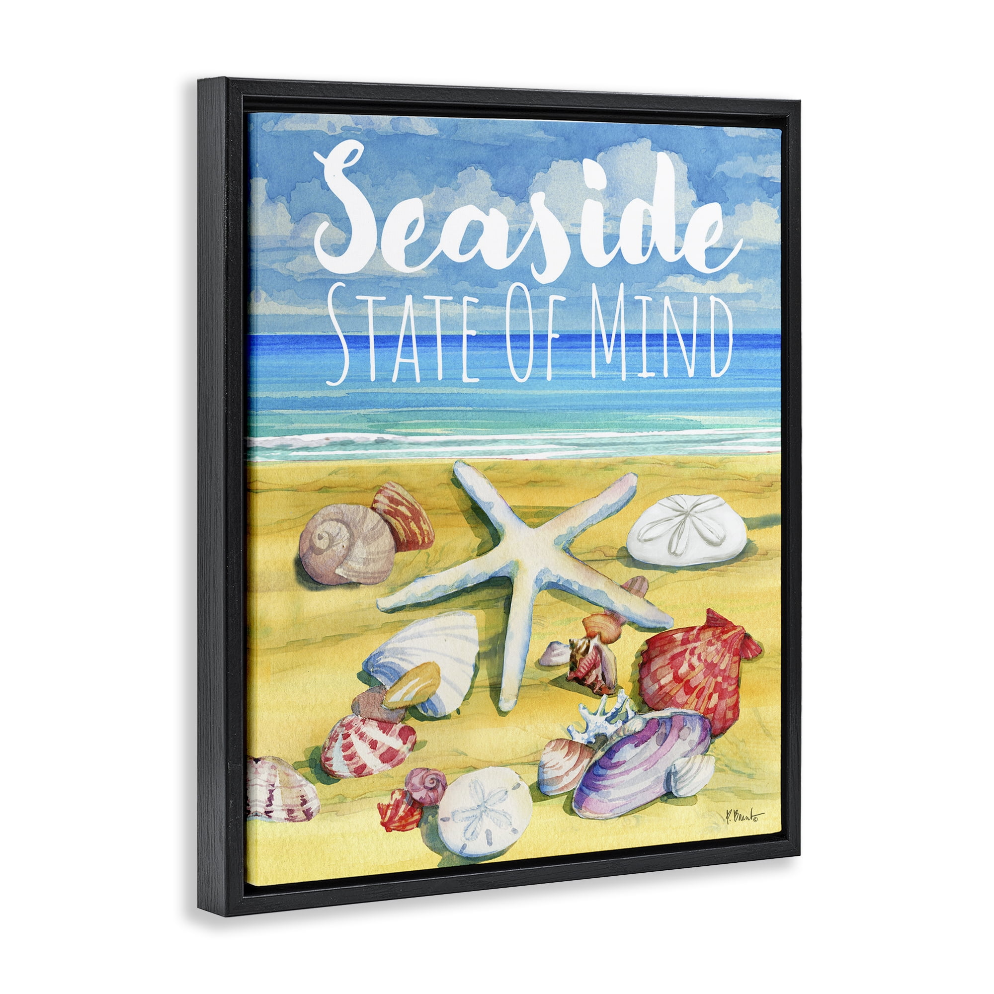 Stupell Industries Seaside Sandy Shells Coastal Painting Black Floater Framed Canvas Art Print Wall Art, 25 x 31