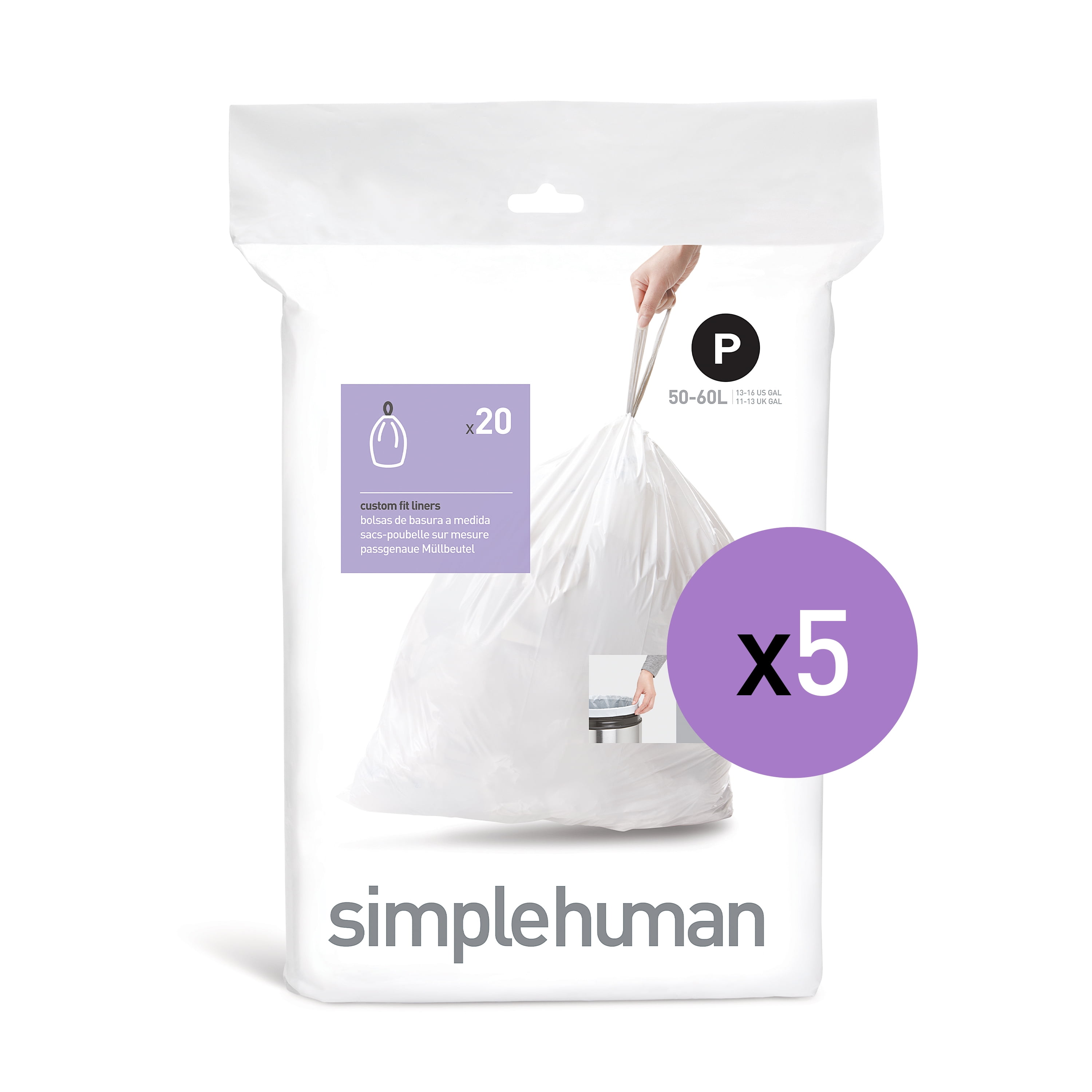 50-60 Liter/13-16 Gallon Trash Bags 100 simplehuman Code P Custom Fit Liners 