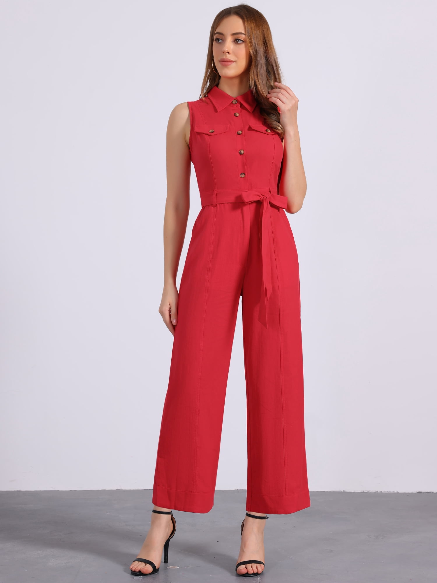 DARING DIVA Women's Wide Leg Jumpsuit Sleeveless Collared Tie Waist Coverall L Red