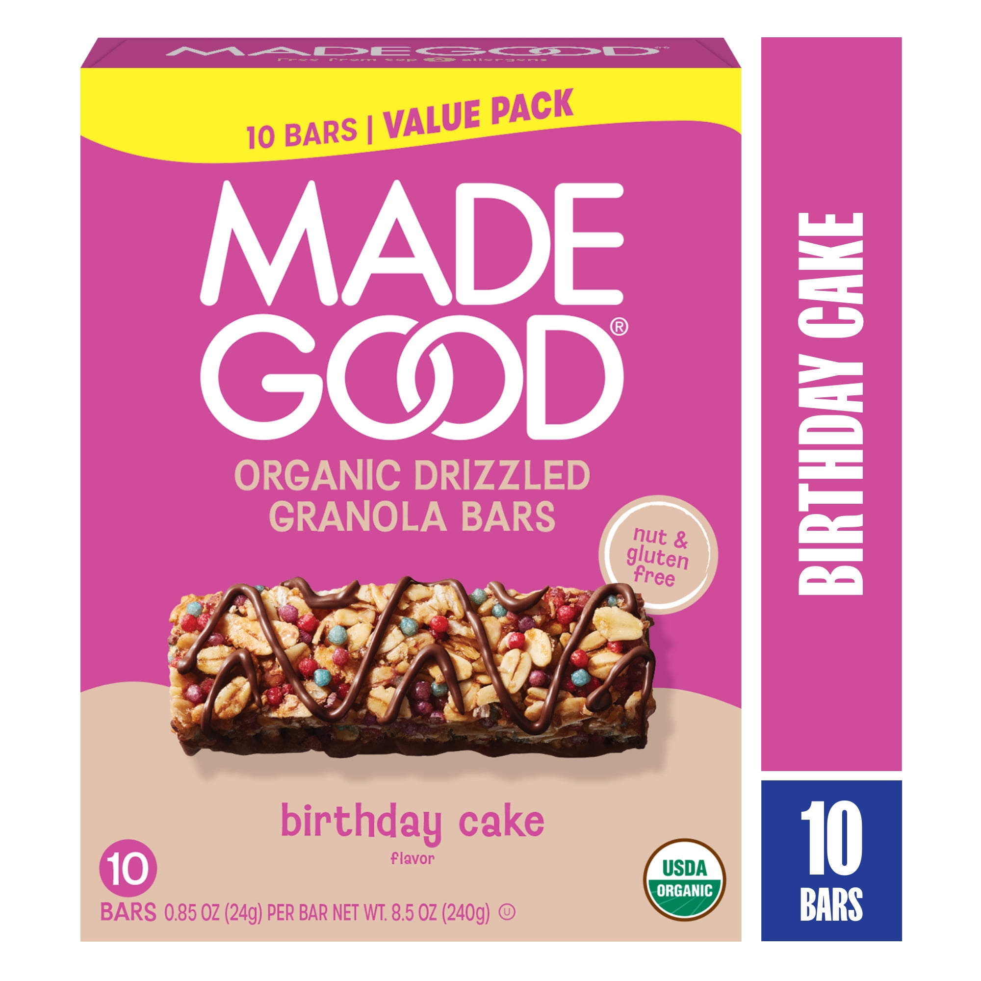 MadeGood Chocolate Drizzle Birthday Cake Granola Bars, 10 Healthy Snack Bars, 0.85 oz