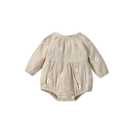 

Infant Baby Girl Vintage Floral Fall Bodysuit Jumpsuit Boho Muslin Outfits Bubble Romper Long Sleeve Linen Overall Dress
