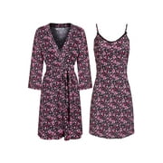 SofiePJ, Women's, Plus Size Printed Robe Set with Chemise 2 Piece Sleep Lounge Set, Black Pink, 1X
