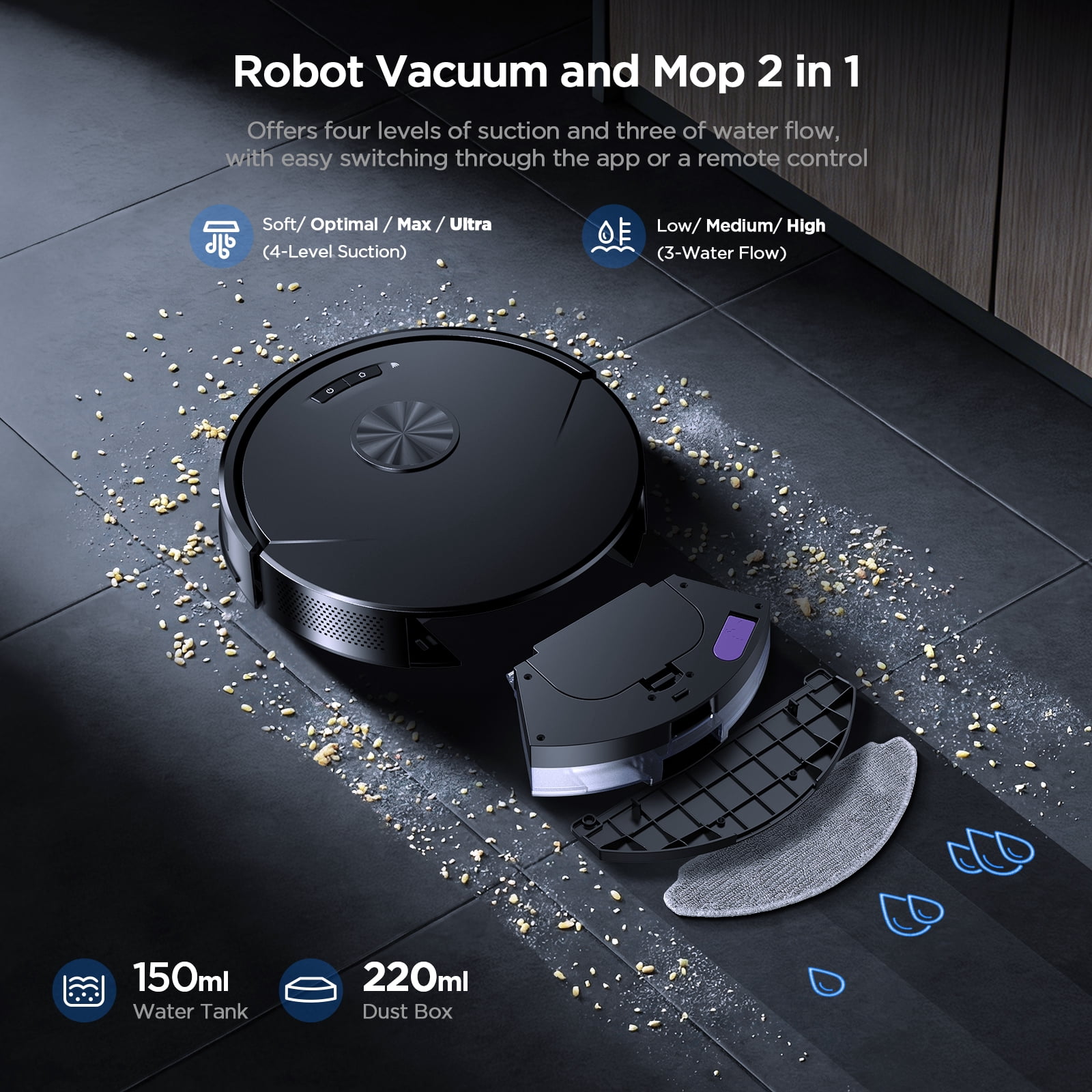 ONSON 8000Pa Robot Vacuum Cleaner and Mop Combo, 2 in 1 Vacuum and Mop With Wi-Fi, Ideal for Hard Floors