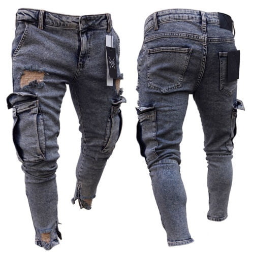 Frayed Biker Jeans Pants Men's Black Skinny Ripped Stretch Casual Denim  Trousers