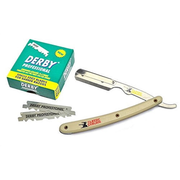 Classic Samurai Stainless Steel Professional Barber Straight Razor with 100 Derby Blades (Cream)