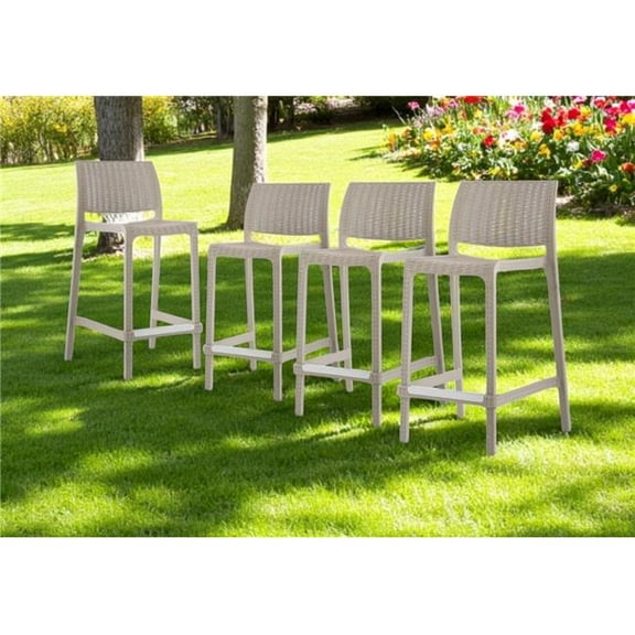 HomeRoots 565350 26 in. Taupe Faux Rattan Heavy Duty Plastic Low Back Outdoor Counter Height Bar Chairs - Set of 4