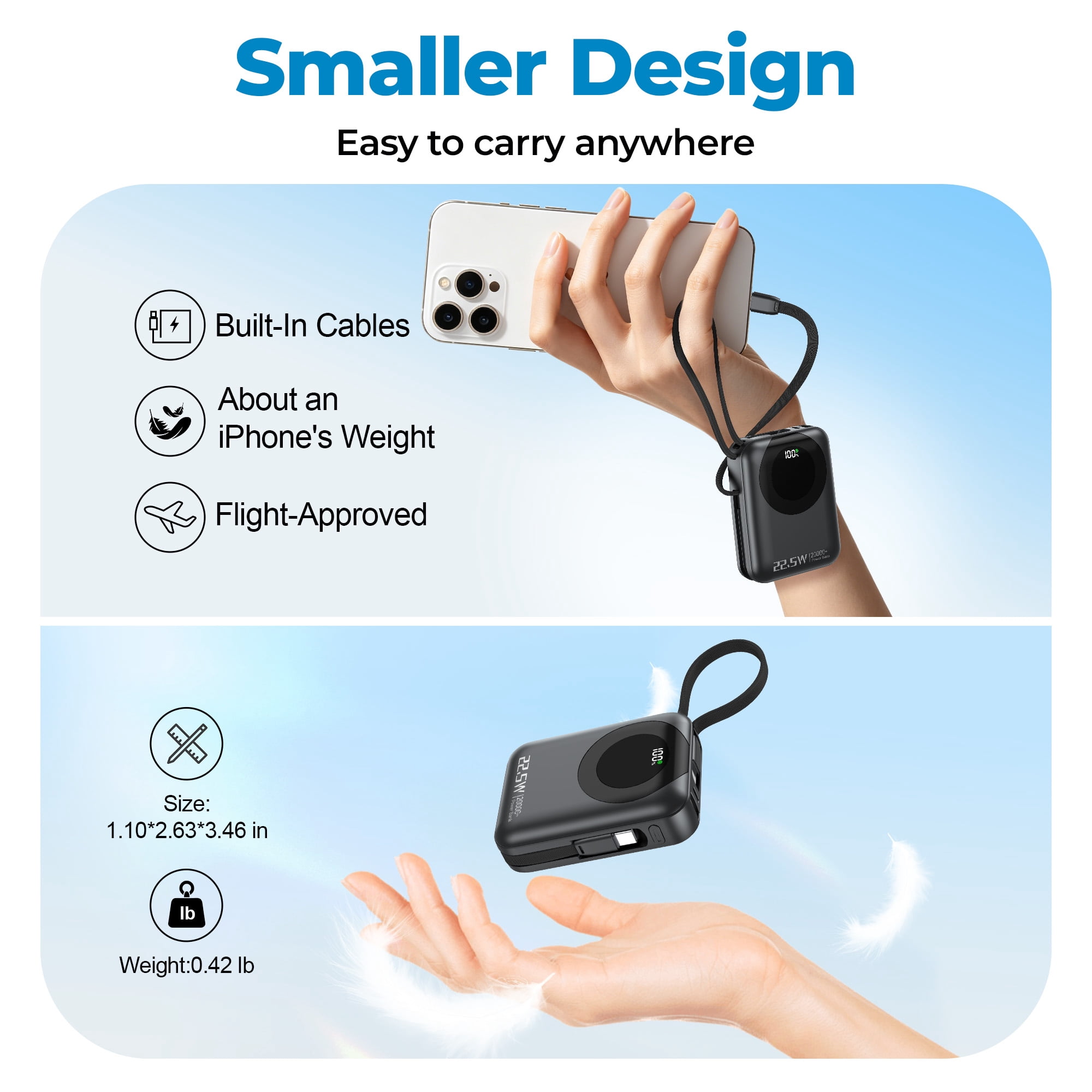 20000mAh Ultra Mini Portable Charger Power Bank,22.5W Fast Charging Phone Charger with Built-in Lanyard-style Charging Cables,Travel Charger Battery Pack for iPhone 17/16 Samsung,iPad,Black