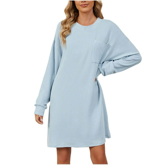 Fall Dresses For Women 2025 Sevevn Womens Solid Color Crew Neck Dress Vacation Loose Dresses Fitted Short Dress with Pockets
