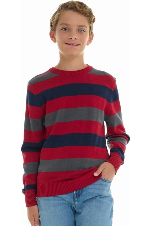 Boys 100% Cotton Crewneck Sweater Soft Knit Pullover for Fall and Winter Long Sleeve Warm Knit - Red Stripes - Size 4