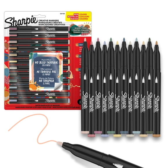 Sharpie Creative Markers, Warm Tones, Water-Based Acrylic Markers, Fine Tip, Assorted Colors, 12 Count