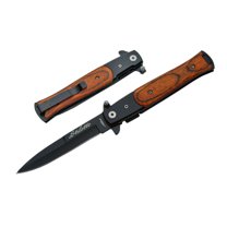 SZCO 5" Wood Stiletto Style Folding Knife, Black Stainless Steel Blade with Faux Wood Handle, Slim EDC Pocket Knife for Daily Tasks