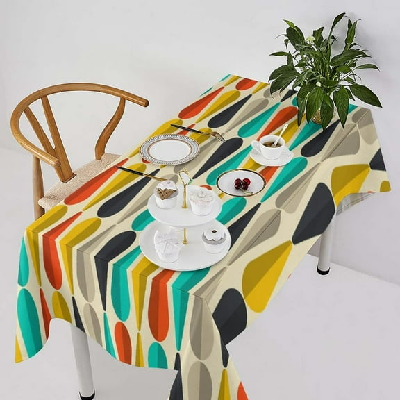 Mid Century Tablecloth, Modern Drop Shape Retro Colors Print Boho Orange Teal Black Geometric Pattern Tablecloth for Kitchen Holiday Dinner Hotel Restaurant, Rectangle(60x84in)