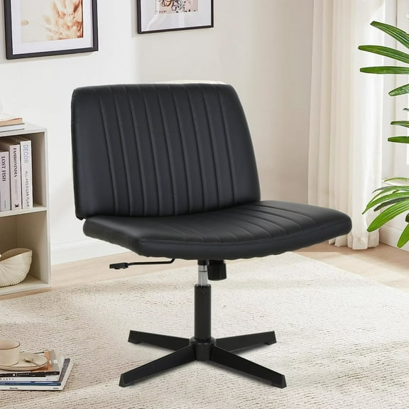 CL.HPAHKL Vanity Chair with Back, Armless Criss Cross Legged Chair, Comfy Home Office Desk Chair, Height Adjustable & Wide Seat, Black