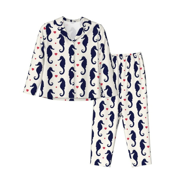 Balery Seahorses and Hearts Conjunto de Pijama con Estampado para Mujer, Conjunto de Dos Piezas con Manga Larga, Ropa de Dormir Suave con Bolsillos, Pijamas Cómodos-Large