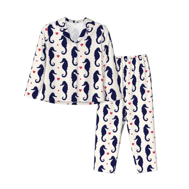 Balery Seahorses and Hearts Conjunto de Pijama con Estampado para Mujer, Conjunto de Dos Piezas con Manga Larga, Ropa de Dormir Suave con Bolsillos, Pijamas Cómodos-Small