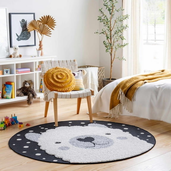 Hauteloom Kids Room, Nursery Round Area Rug - Outdoor Patio Safe - Animal Baby Elephant Playroom Carpet - Beige, Gray, Black, Cream - 5'3"