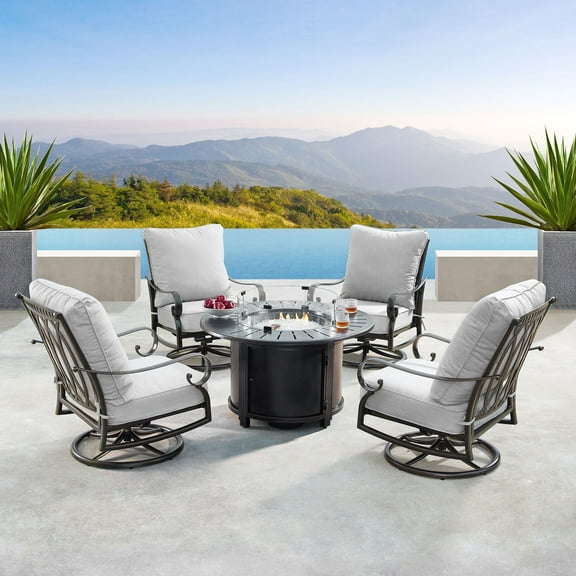 5-Piece Gray and Black Outdoor Patio Round Fire Table with Swivel Rocking Chairs 44"