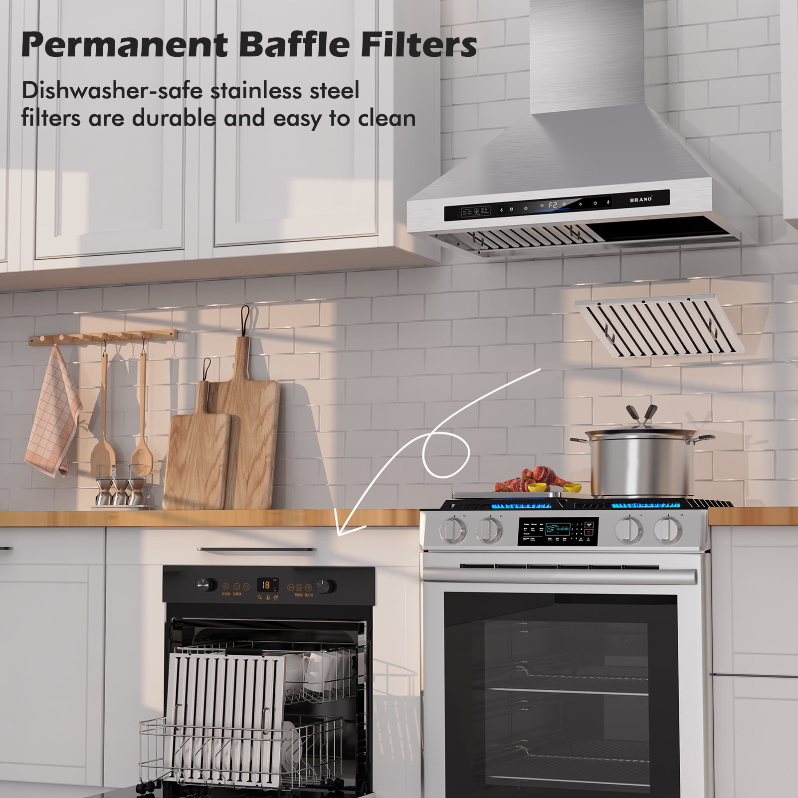 Brano 30 Inch Range Hood Wall Mount 900 CFM Ducted/Ductless Convertible Stainless Steel Vent Hood, Voice Gesture Touch Control Panel