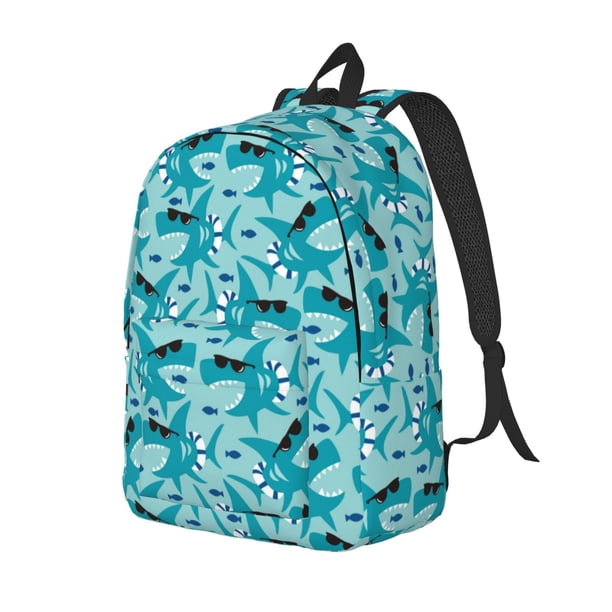 Disketp Shark Wearing Sunglasses print Canvas Backpack Lightweight Travel Daypack Student Rucksack Laptop Backpack-