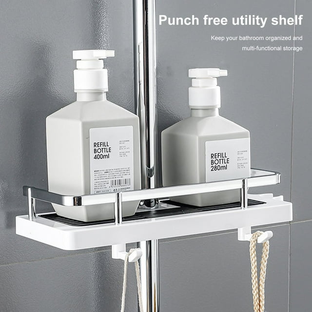Shower Shelf Multifunctional No Drilling Adjustable Height Practical Hook Design Space-saving Draining Wall Mount Shower Storage Rack Tray Holder Organiser Bathroom Accessories