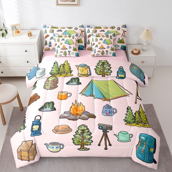 Erosebridal Adventure Theme Twin Bedding Sets 7-Piece For Boys Girls,Happy Camping Bedding Comforter Set For Kids Teens,Pink Reversible