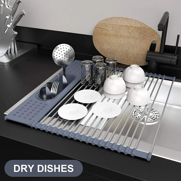 Dish Drying Rack - Stainless Steel And Silicone Dish Drying Mat Over The  Sink Foldable Drain Rack Multipurpose Dish Drainer
