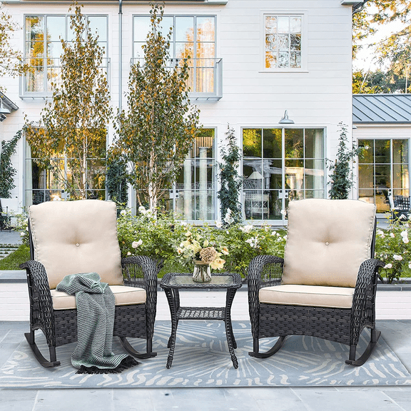 Umi Patio 3-Piece Wicker Rocking Chair Furniture Set, Rattan Rocking Chair Set with Side Table for Porch, Patio