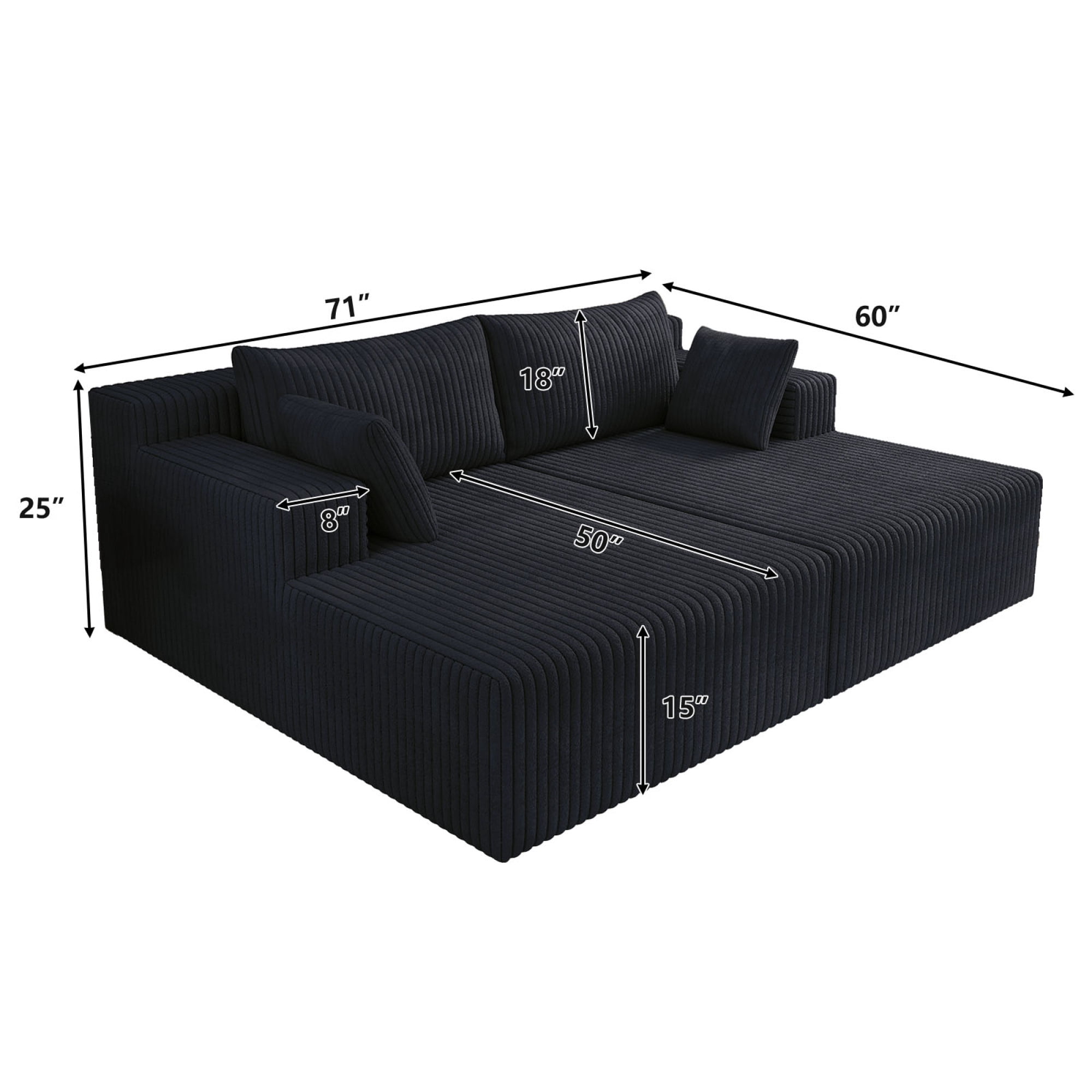 HOQBN 71" Oversized Double Chaise Lounges Indoor,Upholstered Corduroy Boneless Couch with 4 Pillows,Reading Lazy Cloud Plush Sofa Bed for Living Room, Bedroom,No Assembly,Antique Black