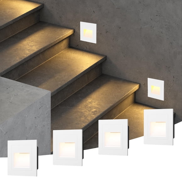 Luz de escalera para interior y exterior, 3000K Luz de escalera LED regulable blanco cálido IP65 Luces de cubierta a prueba de agua con cable, Aluminio Paquete de 4 Acabado blanco